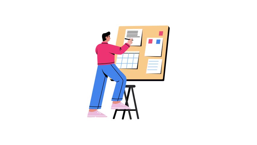 Flat style animated illustration showing a character making portfolio 