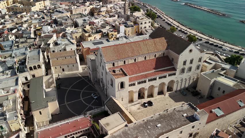 Aerial view of the Basilica of Saint Nicholas in Bari, Apulia, southern Italy. Romanesque church, historic landmark and famous pilgrimage site on the Adriatic coast