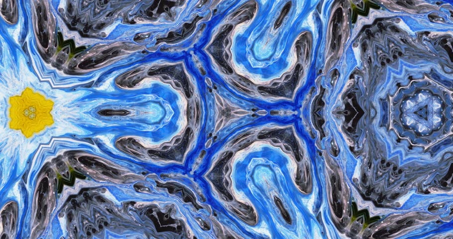 Abstract original colorful kaleidoscope in yellow, blue, white tones on a black background. Abstract background of symmetrical movement of multicolored mosaic. Man-made unique movement of deep ink