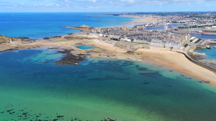 Aerial view of the Old Town of Saint Malo in Brittany France at low tide	