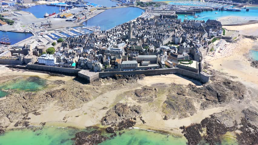 Aerial view of the Old Town of Saint Malo in Brittany France at low tide	