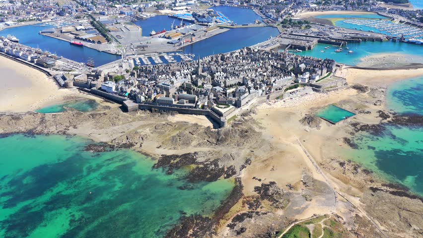 Aerial view of the Old Town of Saint Malo in Brittany France at low tide	