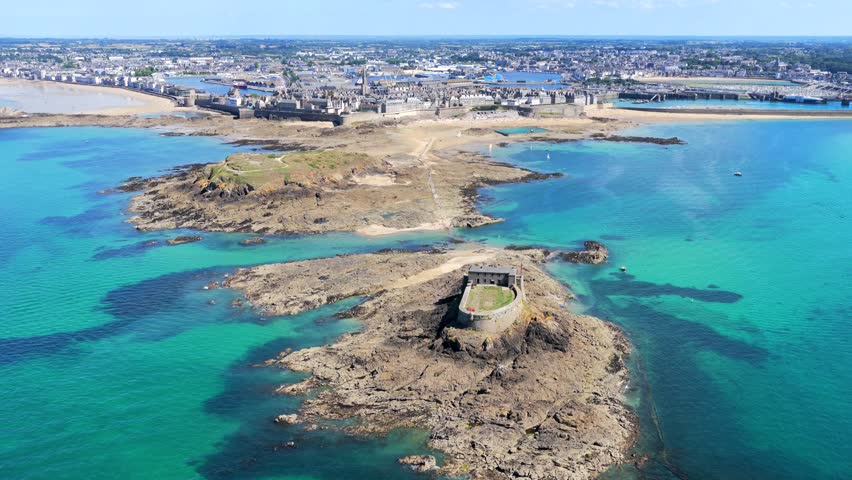 Aerial view of the Old Town of Saint Malo in Brittany France at low tide	