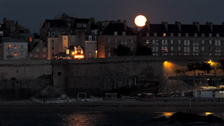 Aerial view of the Old Town of Saint Malo in Brittany France at Night