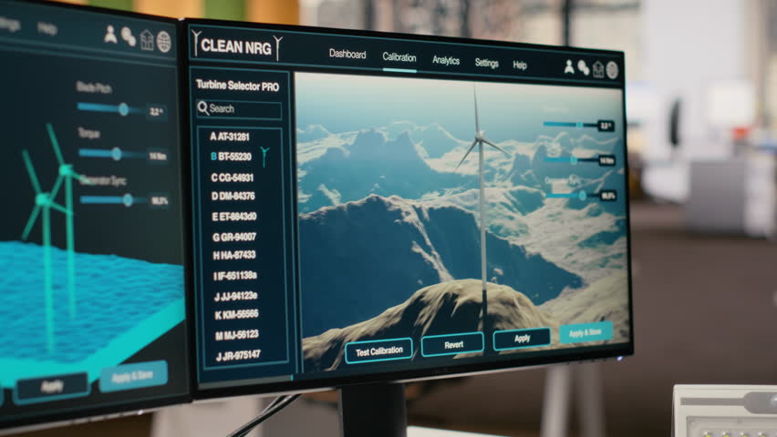 Windmill farm CAD design software displayed on monitors in engineering office. Digital modeling of renewable generator infrastructure during sustainable energy research project
