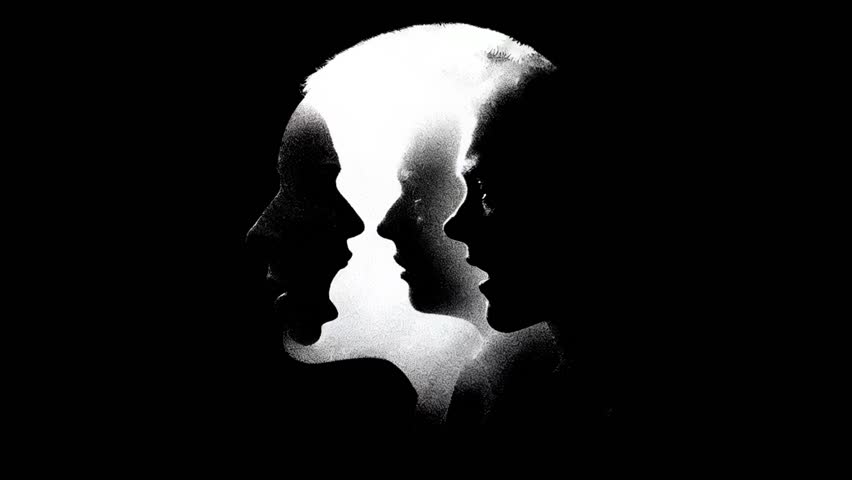 Two superimposed faces communicate in a black and white montage, symbolizing inner dialogue or conflicting thoughts