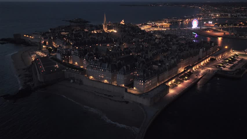 Aerial view of the Old Town of Saint Malo in Brittany France at Night
