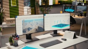 Wind turbine CAD design software used for sustainable energy research in engineering office. Software interface on PC with digital modeling of wind energy generator infrastructure - Powered by Shutterstock - Get 15% off with code: PIKWIZARD15