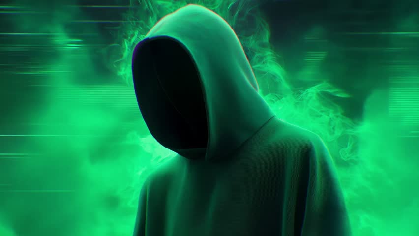 Hacker wearing a hoodie is shrouded in a mysterious green fog, surrounded by digital glitches and code fragments