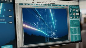 Digital power lines analytics dashboard displays performance data, supporting smart grid optimization. Workstation in office used to analyze sensor data from clean energy generator transmission tower - Powered by Shutterstock - Get 15% off with code: PIKWIZARD15