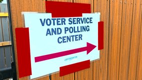 A directional election sign marked “Voting Service Polling Center” with a large arrow pointing the way, symbolizing civic duty, secure access, and guidance to polling places for voters. - Powered by Shutterstock - Get 15% off with code: PIKWIZARD15