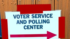 Outdoor video of a “Voting Service Polling Center” sign with an arrow pointing right, highlighting democratic values, voter accessibility, and participation in official election day processes. - Powered by Shutterstock - Get 15% off with code: PIKWIZARD15