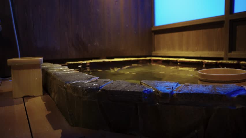 Japanese Onsen Bath, Low Angle Pan Shot of Ofuro