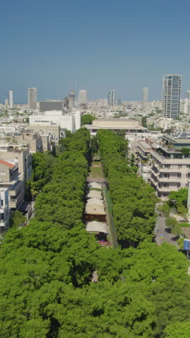Rothschild blvd to Habima Theater new building In Tel Aviv and Menashe Kadishman statue - Vertical video