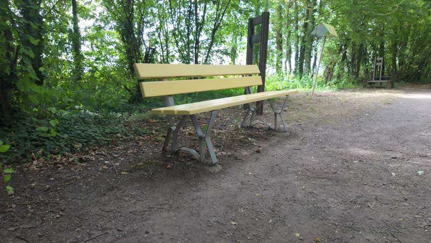 Empty yellow park bench on a peaceful walking path in the woods, zoom