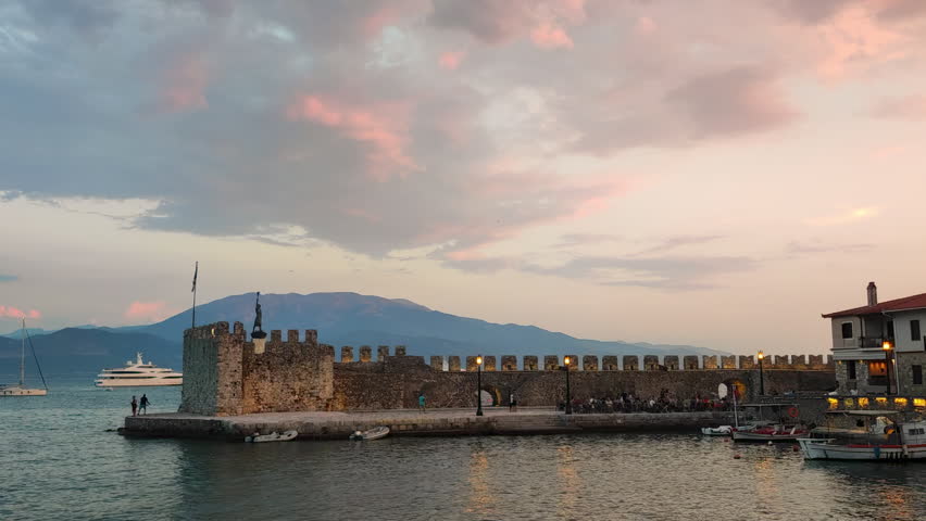 Time lapse of Naupactus port in Greece with a dramatic sky.