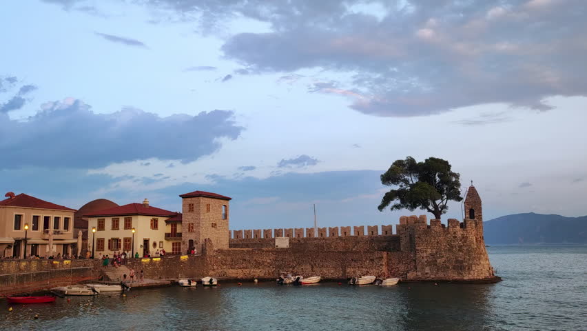 Time lapse of Nafpaktos port in Greece evening day light.

