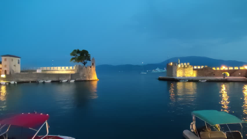 Timelapse during blue hour at the port of Nafpaktos in Greece. A famous touristic destination.
