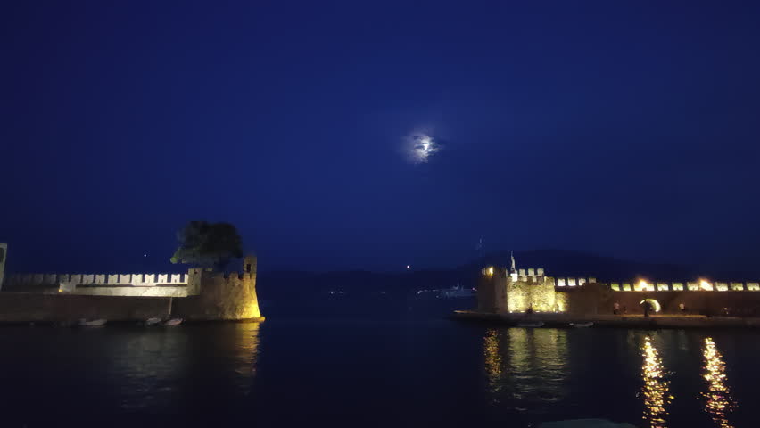 Night hour timelapse at the port of Nafpaktos in Greece. A famous touristic destination.
