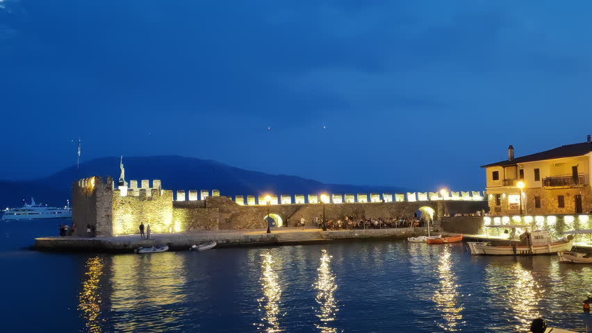 Blue hour timelapse at the port of Nafpaktos in Greece.