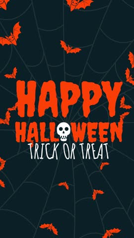 Vertical looping Halloween animation featuring bold orange "Happy Halloween" text with skull, flying bats, and spiderweb backdrop, perfect for spooky seasonal greetings and festive designs.