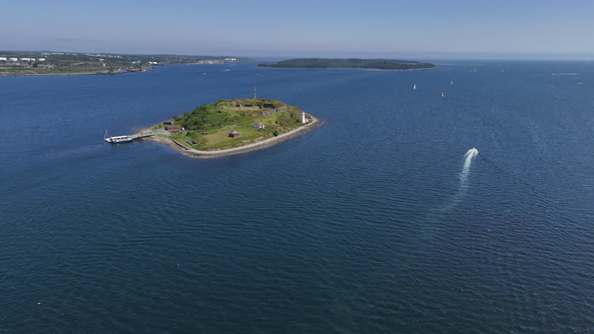 Aerial footage of Georges Island in the Halifax Harbour in Nova Scotia Canada.