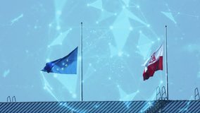 European Union and Poland flags waving with digital network overlay symbolizing technology, innovation and international cooperation. - Powered by Shutterstock - Get 15% off with code: PIKWIZARD15