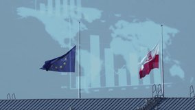EU and Poland flags waving with world map and chart overlay symbolizing economy, trade, growth and international relations. - Powered by Shutterstock - Get 15% off with code: PIKWIZARD15