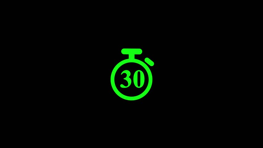 projected film head leader with Realtime countdown clock. 30 second timer  animation with clock icon on black background.30 second countdown timer animation from 30 to 0 on a transparent background, 