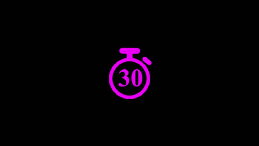 projected film head leader with Realtime countdown clock. 30 second timer  animation with clock icon on black background.30 second countdown timer animation from 30 to 0 on a transparent background, 