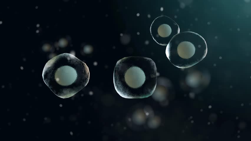 Cell division, stem cell proliferation, reproduction. Microscopic animation of cells in tissue environment, dark background, 3D animation.