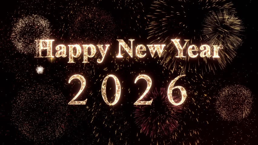 New Year Countdown 2026 with fireworks, numbers, and text. Golden text fireworks burst as the number counts down from 10 to 0, with Happy New Year wishes. Party video counting down to midnight.