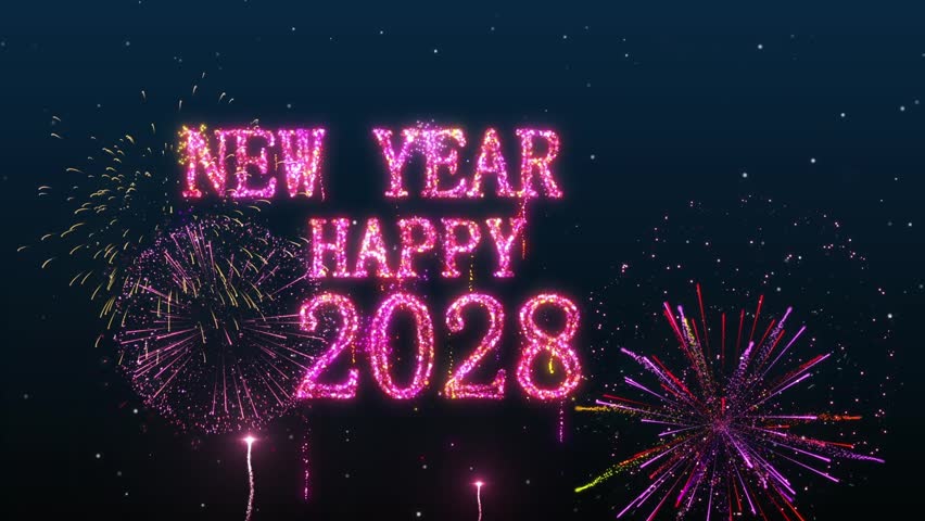 2028 New Year Countdown with fireworks, numbers, and text. Fireworks burst as the countdown from 10 to 0 is accompanied by Happy New Year wishes. Perfect for a party video counting down to midnight.