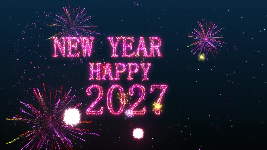2027 New Year Countdown with fireworks, numbers, and text. Fireworks burst as the countdown from 10 to 0 is accompanied by Happy New Year wishes. Perfect for a party video counting down to midnight.