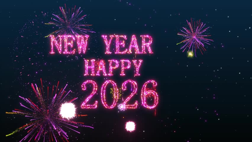 2026 New Year Countdown with fireworks, numbers, and text. Fireworks burst as the countdown from 10 to 0 is accompanied by Happy New Year wishes. Perfect for a party video counting down to midnight.