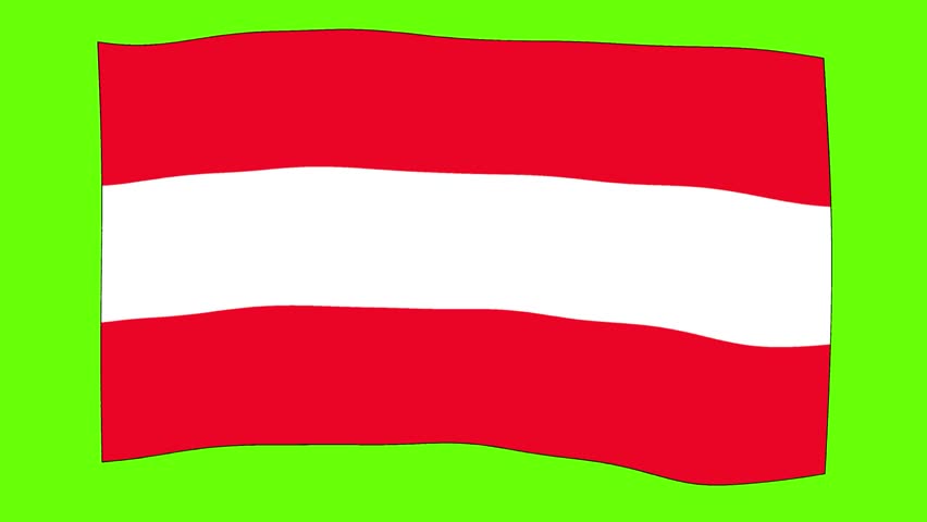 Austria flag on horizontal triband of three equal bands of red (top), white, and red waving in the wind looping animation isolated on green screen background.