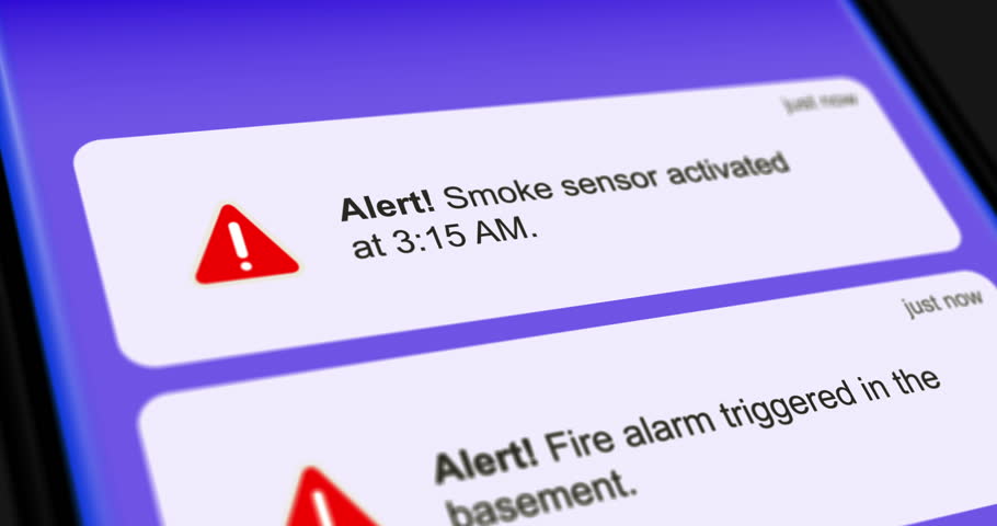 Fire and smoke alerts, incoming messages on smartphone screen with fire alarm notifications, scrolling messages, footage