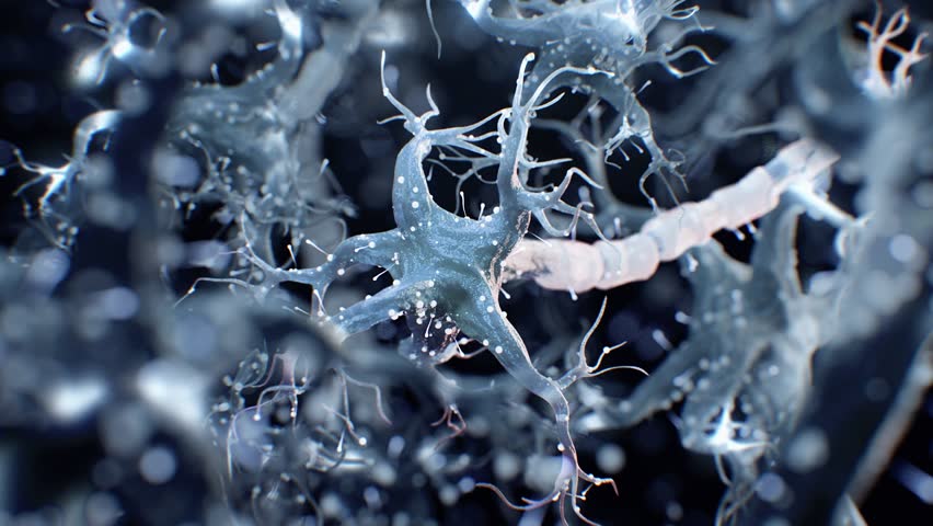 Neuron transmitting nerve impulses through synapses in a complex neural network