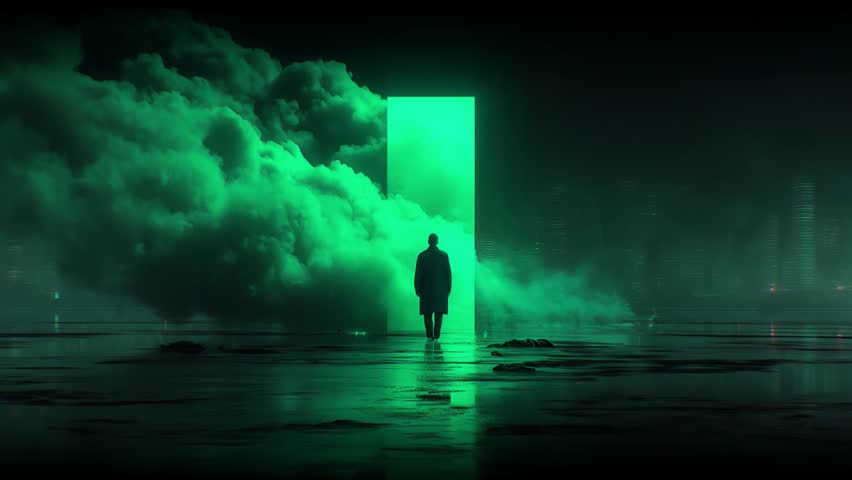 Silhouette of a man walking through a glowing green portal in a dark, mysterious city