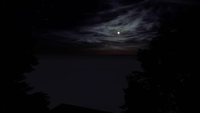 Atmospheric night sky with dramatic clouds and small visible moon, digital rendering