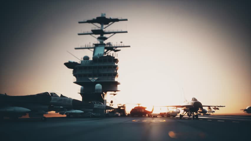 Fighter Jets on Aircraft Carrier at Dawn. Morning Deck Aviation Animation