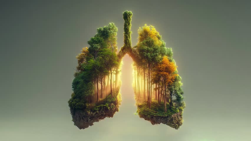 Surreal animation of lungs filled with a colorful forest, illuminated by warm sunlight, symbolizing the importance of nature for breathing and life