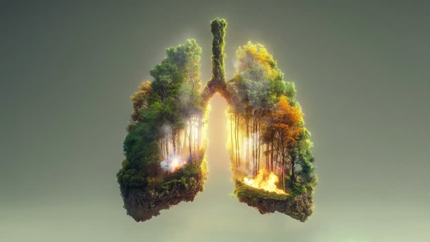 Forest fire burning inside lungs illustrating the impact of air pollution on respiratory health