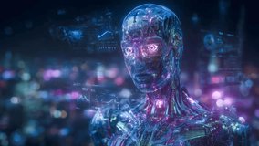 humanoid AI robot with translucent skin and visible circuits interacting with floating data interfaces - Powered by Shutterstock - Get 15% off with code: PIKWIZARD15