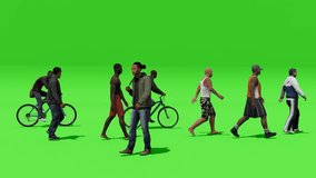 Side view of multiple diverse stylized human models walking and cycling on a chroma green studio backdrop - Powered by Shutterstock - Get 15% off with code: PIKWIZARD15