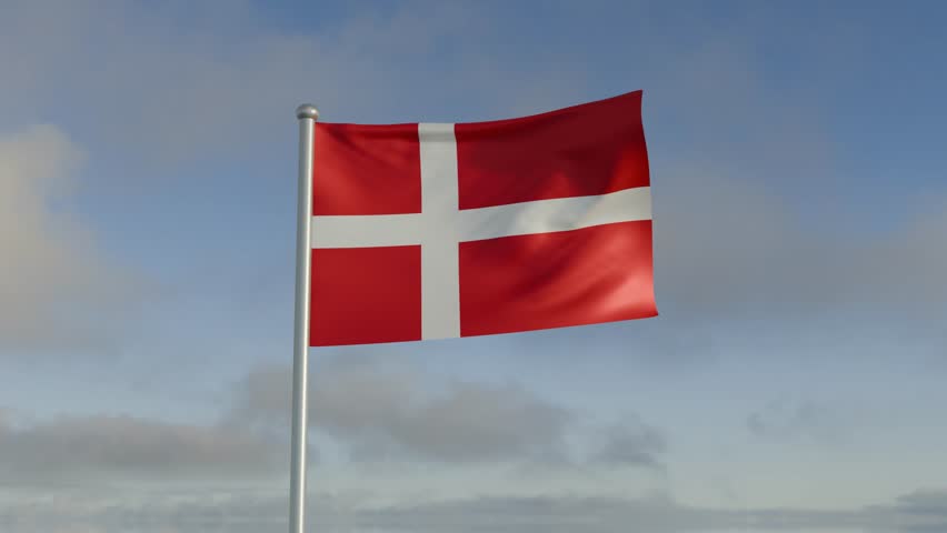 Denmark flag flowing under heavy wind and rippled blue sky and cloud day sunlight movement motion for country nation state.
