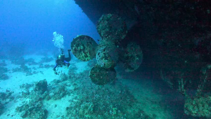 a diver films the propeller of the salem express