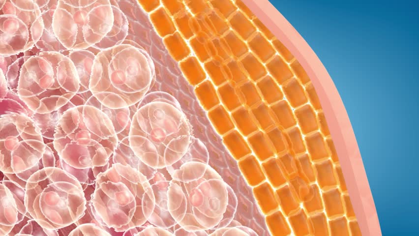 Slimming factors penetrate into the fat layer of the skin, slimming pills dissolve fat cells, lose weight, obese people become slimmer, body management solutions, 3D animation.