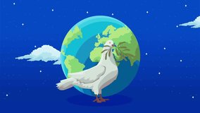 4K animation of a white dove flying around planet Earth holding an olive branch, symbolizing International Peace Day, unity, harmony, and global friendship. Perfect for charity, nonprofit - Powered by Shutterstock - Get 15% off with code: PIKWIZARD15