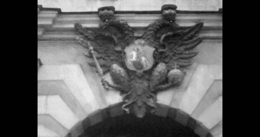 Double-headed eagle and stucco on the arch of the Peter and Paul Gate in St. Petersburg, archival video from the 1970s